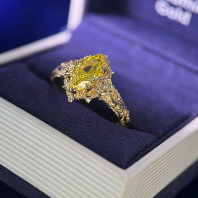 14k Yellow Gold and Customers 1.52ct Marquise Yellow Lab Diamond and Lab Diamonds Filigree Custom Ring, size 8