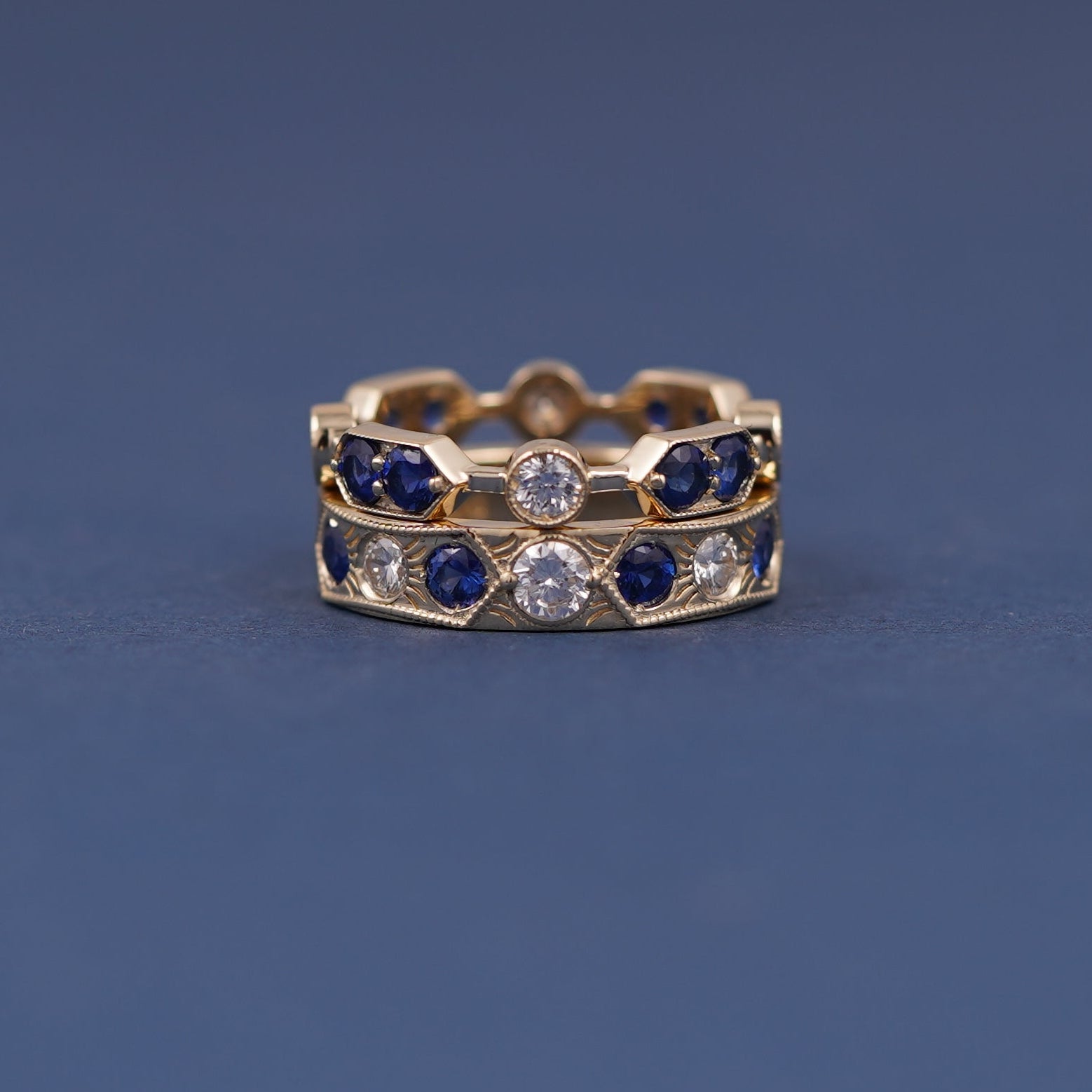 14k Yellow Gold Sapphire and Diamond Couple Matching Bands Vintage Inspired