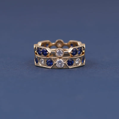 14k Yellow Gold Sapphire and Diamond Couple Matching Bands Vintage Inspired