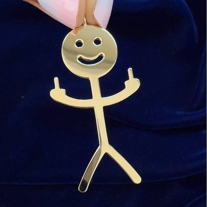 14k Yellow Gold Full body Human Figure Drawing with Two Middle Fingers Up Custom Pendant Charm