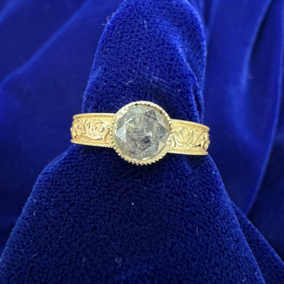 14k Yellow Gold Milgrain Bezel 1.25ct Salt-and-pepper Round Diamond on Filigree Milgrain Band Custom Ring, size 7.5