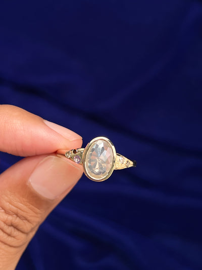 14k Yellow Gold and Bezel-set 1.25ct Oval Milky Diamond Signet Ring with Small Round White, Champagne, Yellow Diamonds set into Tapered Band Custom Ring, size 10