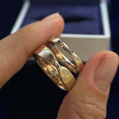 14k Yellow Gold 3mm and 5mm Mobious Bands Custom Couple Rings Set, size 5 and 9