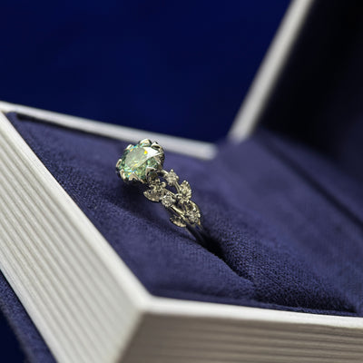950 Platinum and Petal set 6mm Light Green Moissanite on Symmetrical 3 Brunches Band with 6pc Small Round Lab Diamonds Custom Ring size 3.75