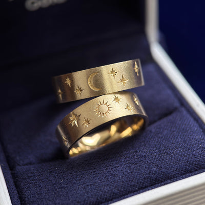 14k Yellow Gold with One Sun and Stars engraved all around on 6mm Industrial Brushed Band Custom Ring and 14k Yellow Gold with One Moon and Stars engraved all around on 6mm Industrial Brushed Band Custom Ring, size 6.5 and size 6.75