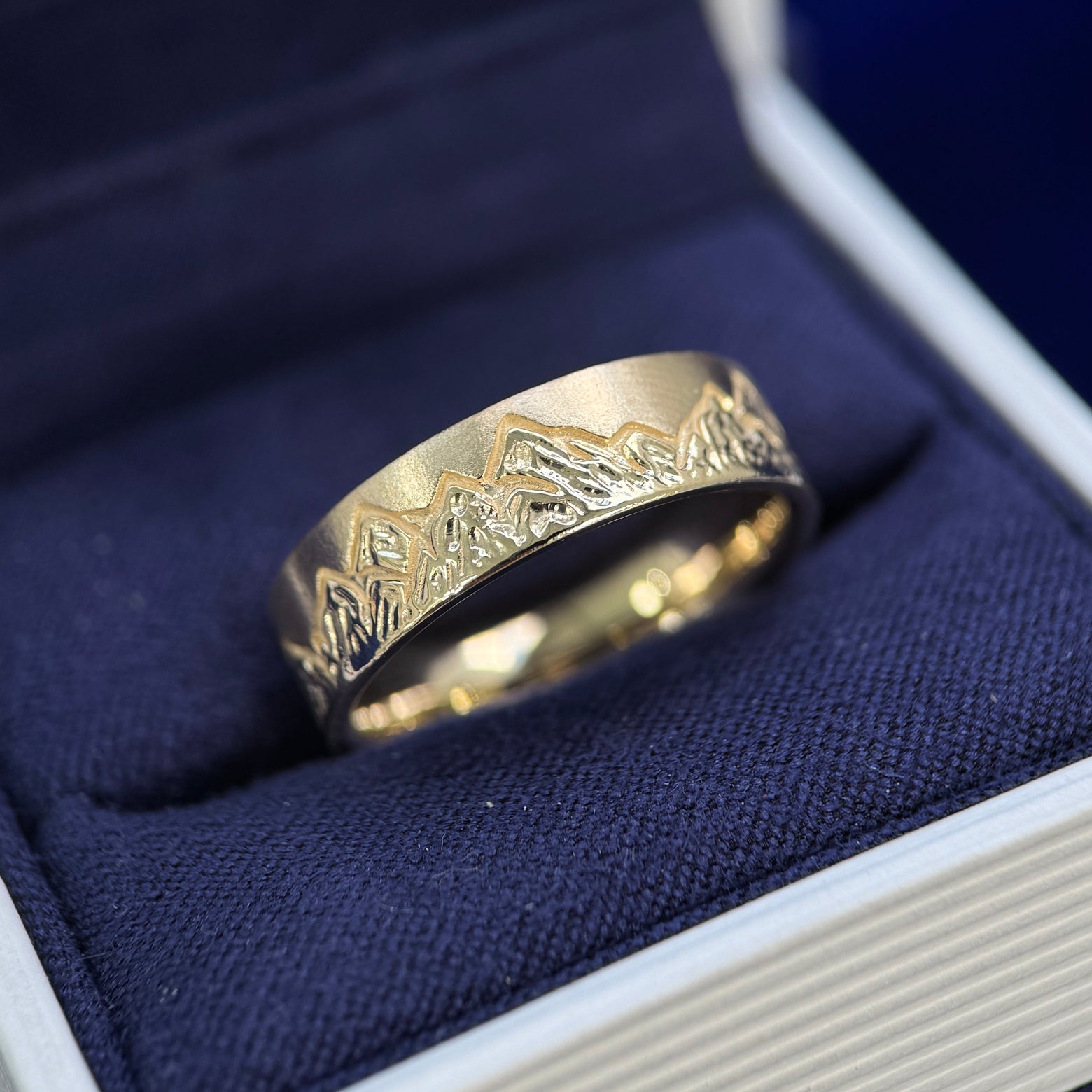 14k Yellow Gold Mountains on 6mm Industrial Matte Band Custom Ring, Size 8.5