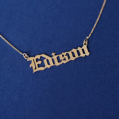 14k Yellow Gold Custom Edison Nameplate Gothic Font Cable Chain Necklace