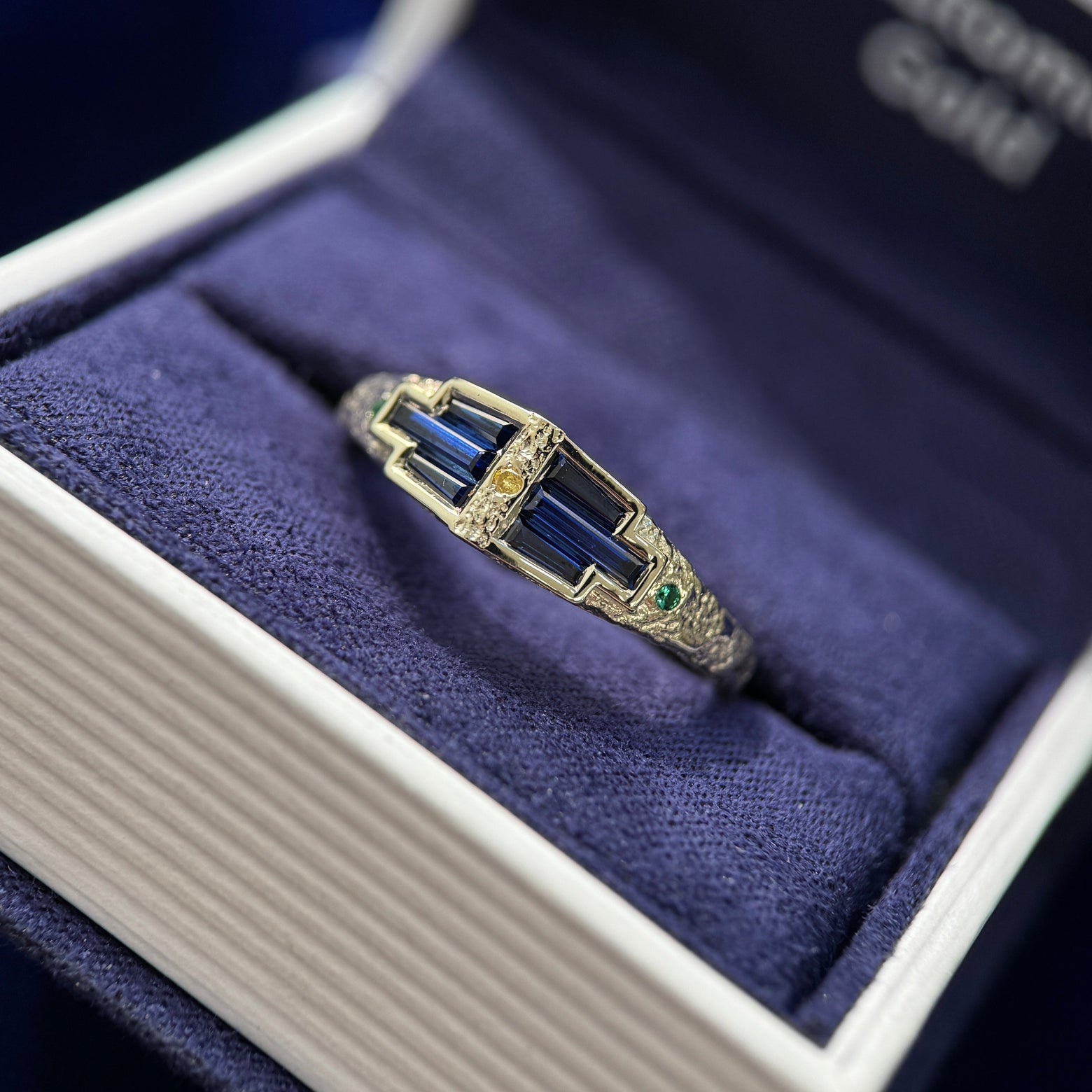14k Nickel-free Champagne Gold and Custom-cut 6pc Baguette Lab Sapphires and 2pc Round Lab Emeralds and Yellow Diamond on Moss Textured Band Custom Ring, size 8.5