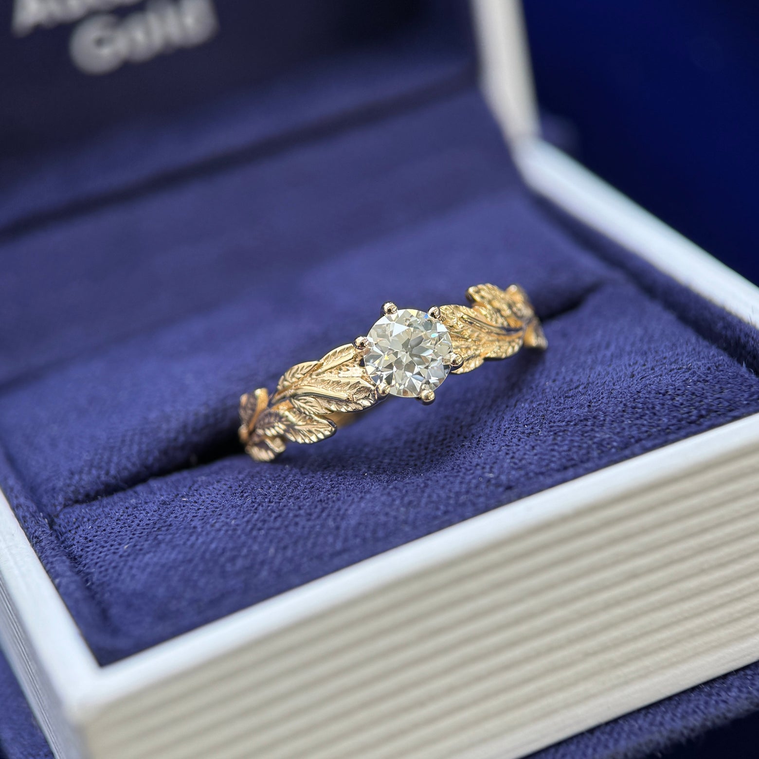 14k Yellow Gold and Prongs-low-set Customers 5.3mm Old-mine Diamond on Leaves Band Custom Ring, size 7