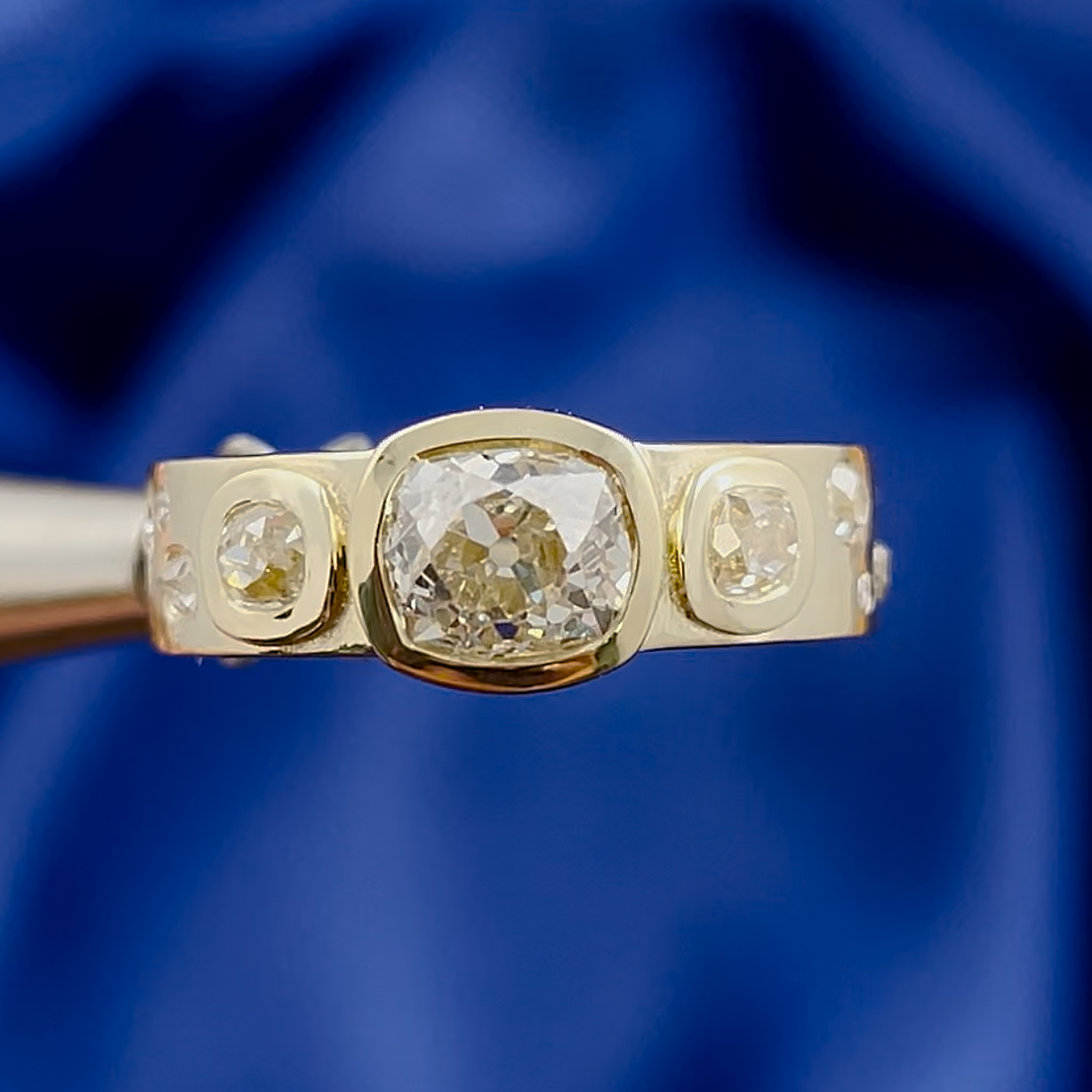 14k Yellow Gold Bezel and Flush set Cushion Old Mine Diamonds on Thick Band Custom Ring