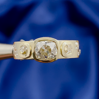 14k Yellow Gold Bezel and Flush set Cushion Old Mine Diamonds on Thick Band Custom Ring