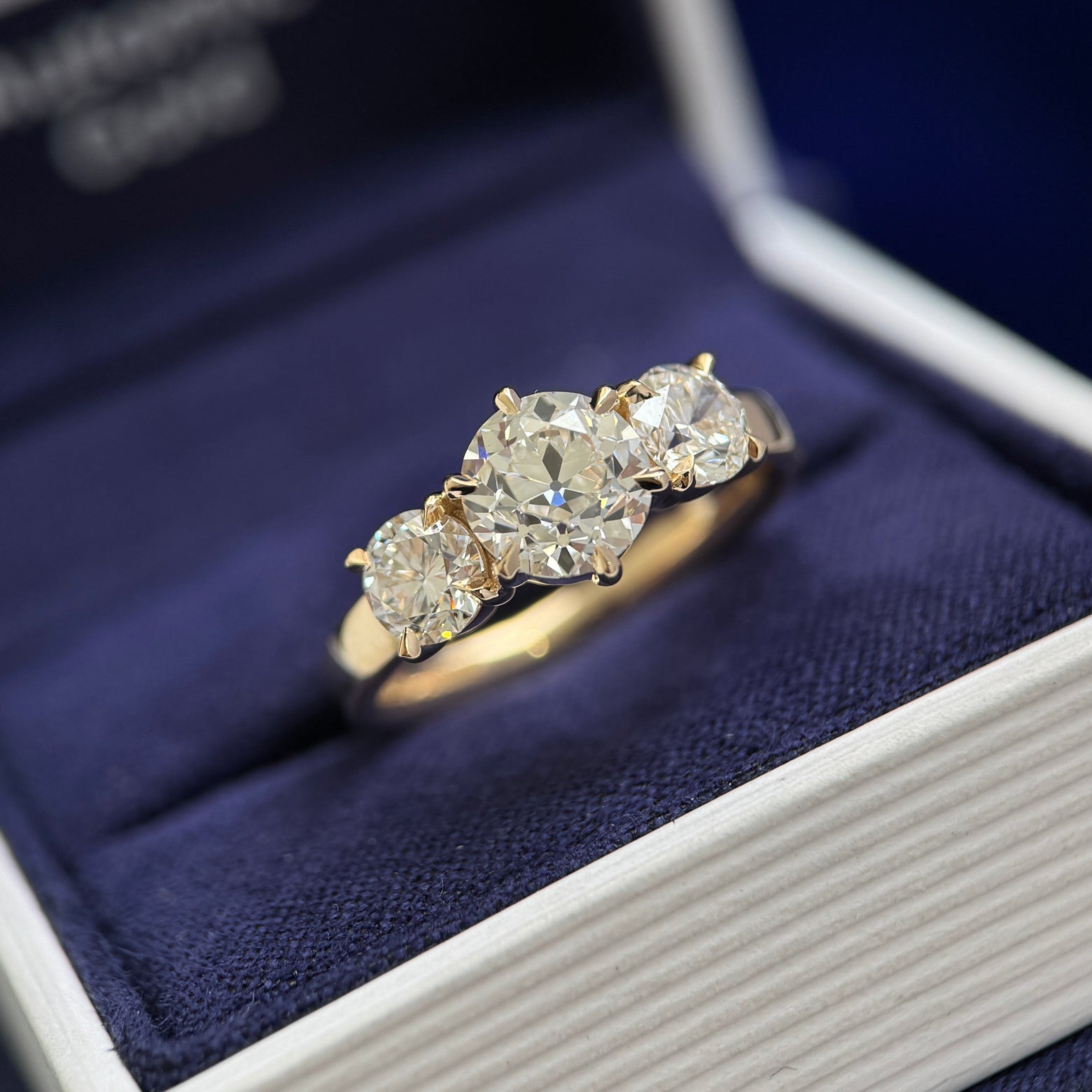 14k Yellow Gold 1.39ct Old-mine Round Lab Diamond with 0.50ct each 2pc side Round Lab Diamonds on 3mm Mix Mirror Band Custom Tri-stone Engagement Ring