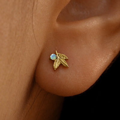 Close up view of a model's ear wearing a 14k yellow gold opal 3 Leaves Gemstone Earring