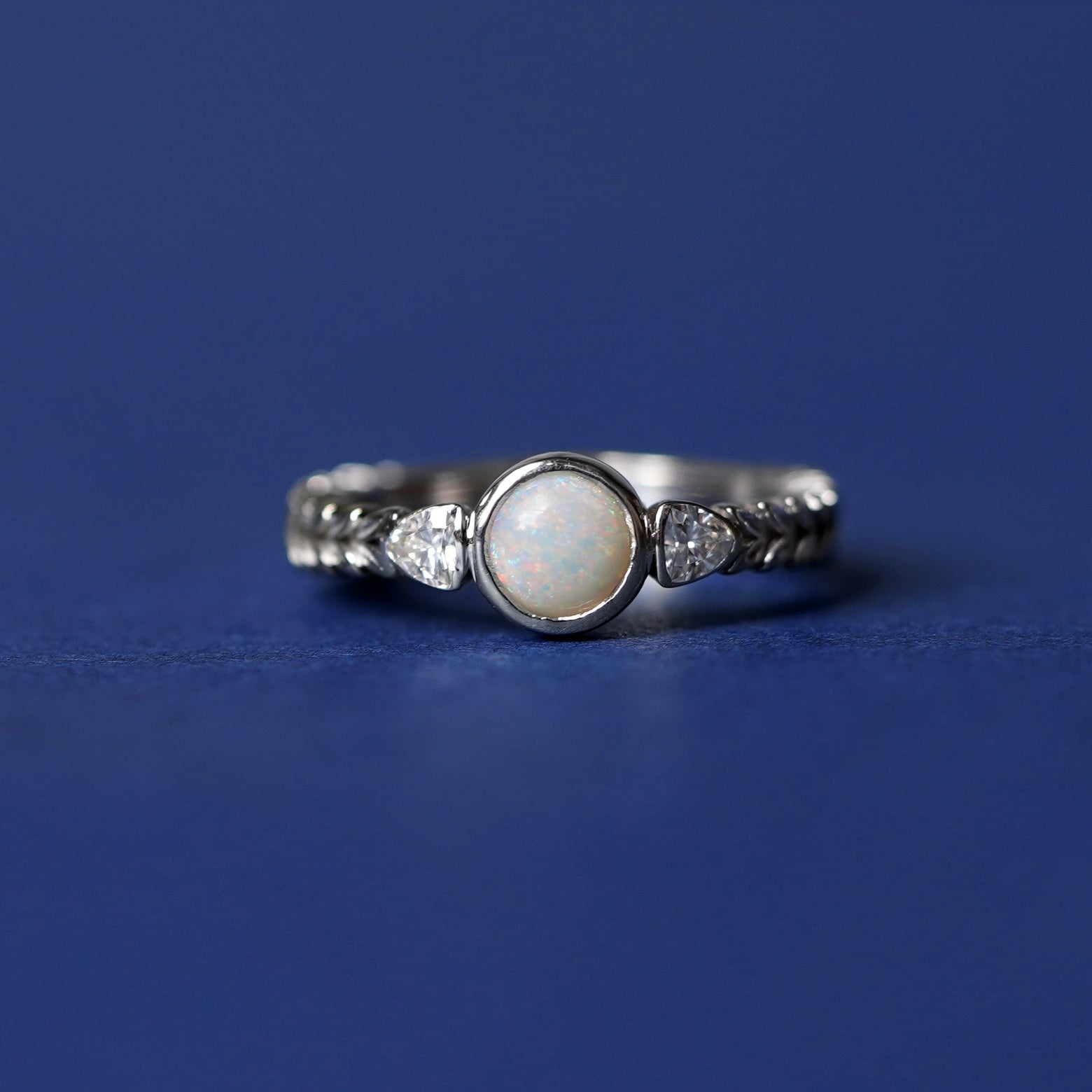 14k White Gold and Australian Round Opal with Trillion Moissanites Leaves Band 3-stone Custom Engagement Ring