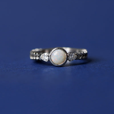 14k White Gold and Australian Round Opal with Trillion Moissanites Leaves Band 3-stone Custom Engagement Ring