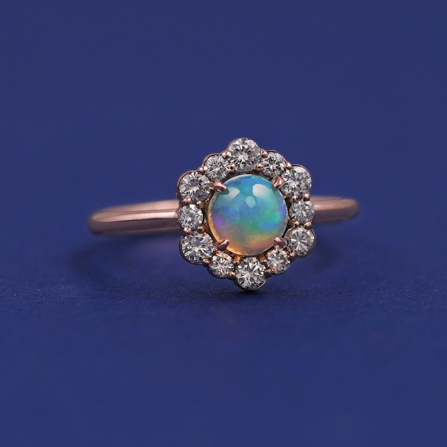14k Rose Gold and Round Opal with Halo of Diamonds Custom Ring
