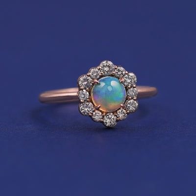14k Rose Gold and Round Opal with Halo of Diamonds Custom Ring
