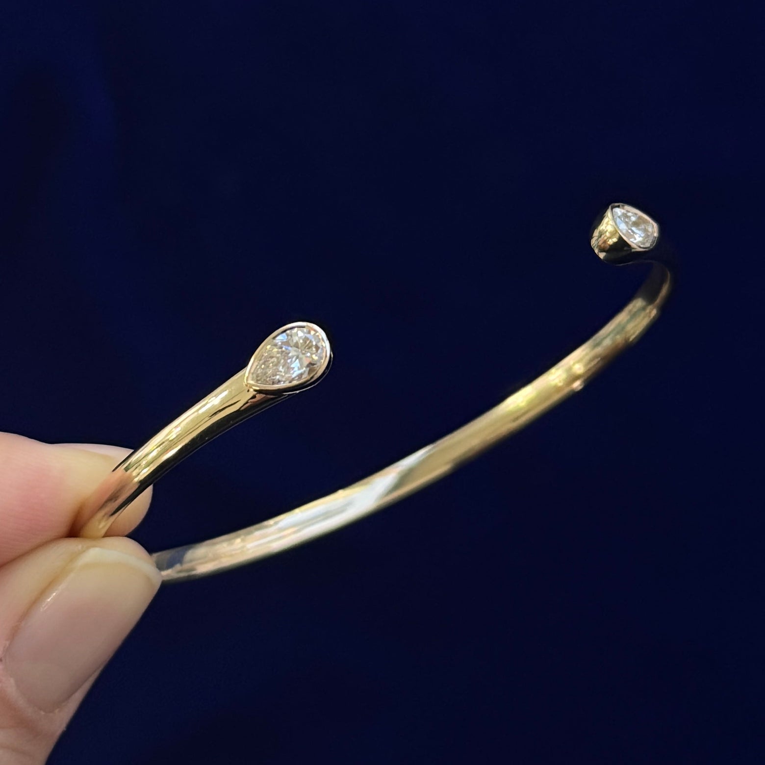 14k Yellow Gold and 1ctw 2pc Pear Lab Diamonds on Custom 7inch Open Bangle, 12.8 grams