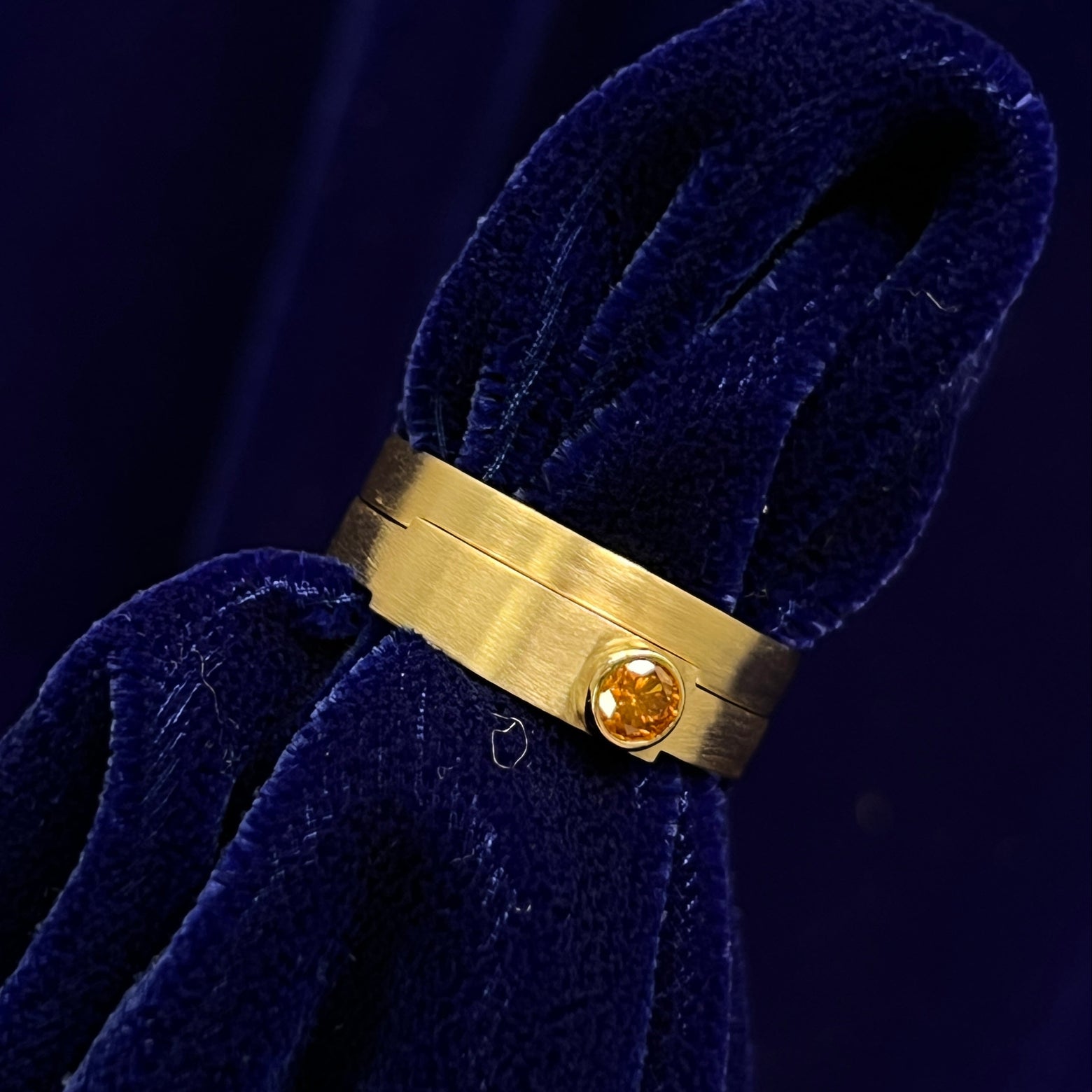 14k Yellow Gold with Bezel set Round Orange Diamond Bar Matte Ring with a Stacking Band Custom Rings Set, size 7.5