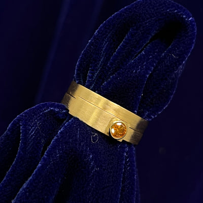 14k Yellow Gold with Bezel set Round Orange Diamond Bar Matte Ring with a Stacking Band Custom Rings Set, size 7.5