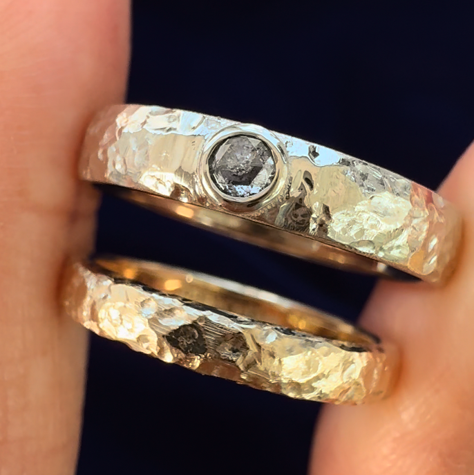 14k Yellow Gold and Rose-cut 3mm Round Salt-and-pepper Diamond on 4mm Organic 4mm Band with 3mm Matching Organic Band Custom Rings Set