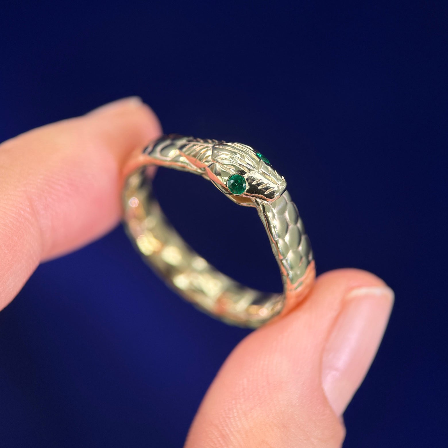 14k Yellow Gold and Emeralds Eye 2-5mm Ouroboros Snake Custom Ring, size 12
