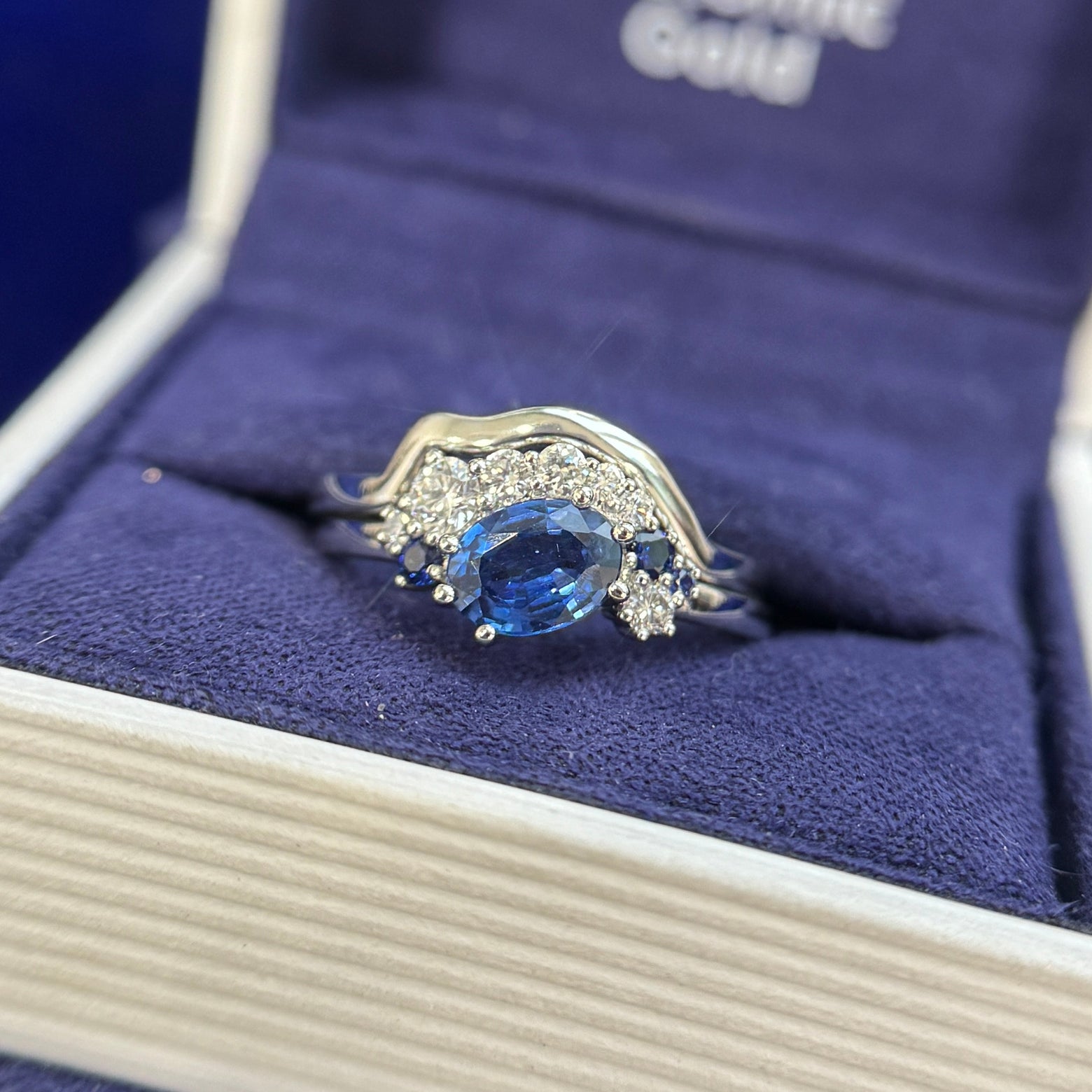 950 Platinum Prongs-set 0.88ct Oval Blue Sapphire and Cluster of Diamonds on Thin Band, Size 6.25