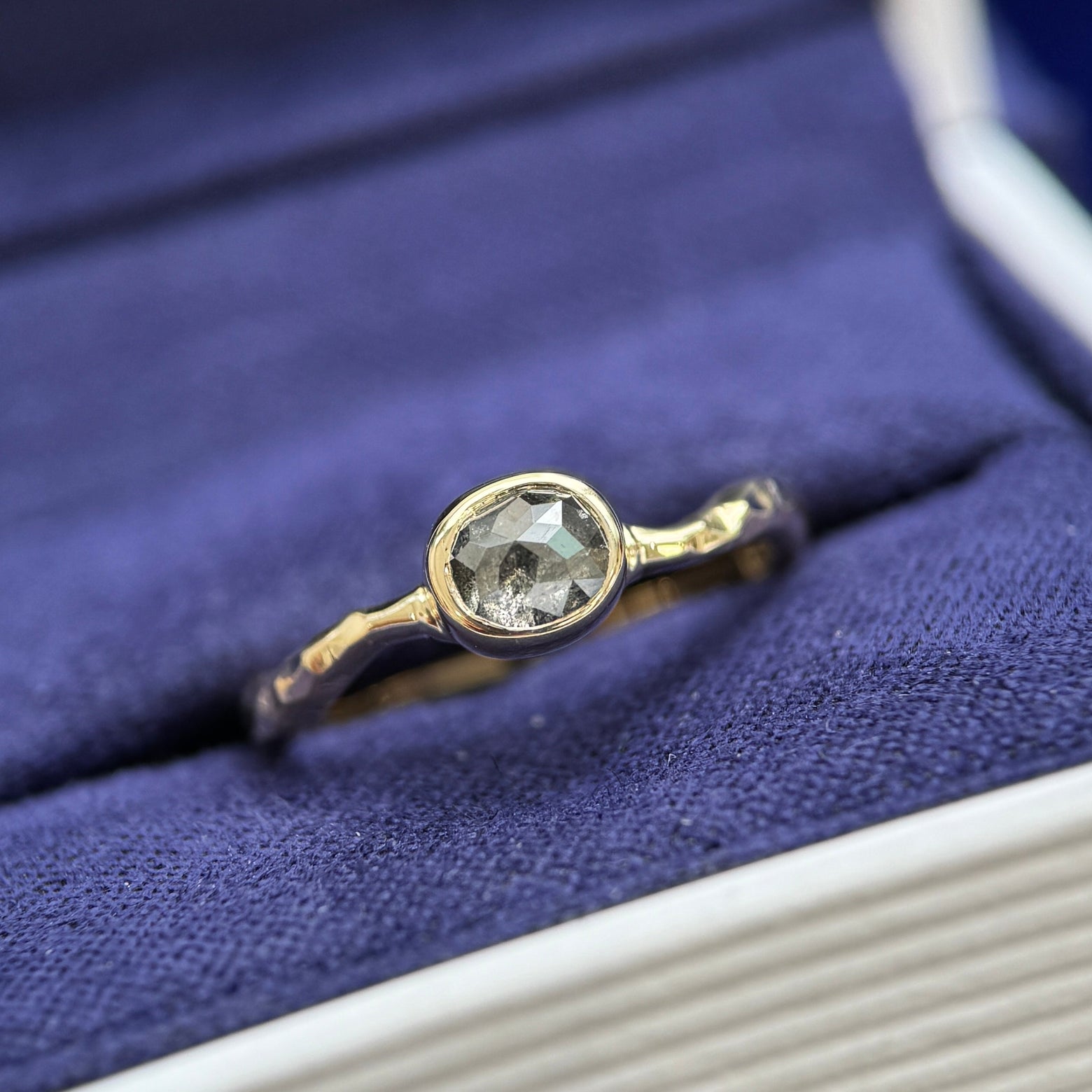 10k Yellow Gold and Smooth-bezel-low-set 0.50ct Oval Salt-and-pepper Diamond on Thin Liquid Hammered Band Custom Ring, size 5.5