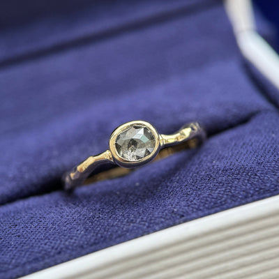 10k Yellow Gold and Smooth-bezel-low-set 0.50ct Oval Salt-and-pepper Diamond on Thin Liquid Hammered Band Custom Ring, size 5.5