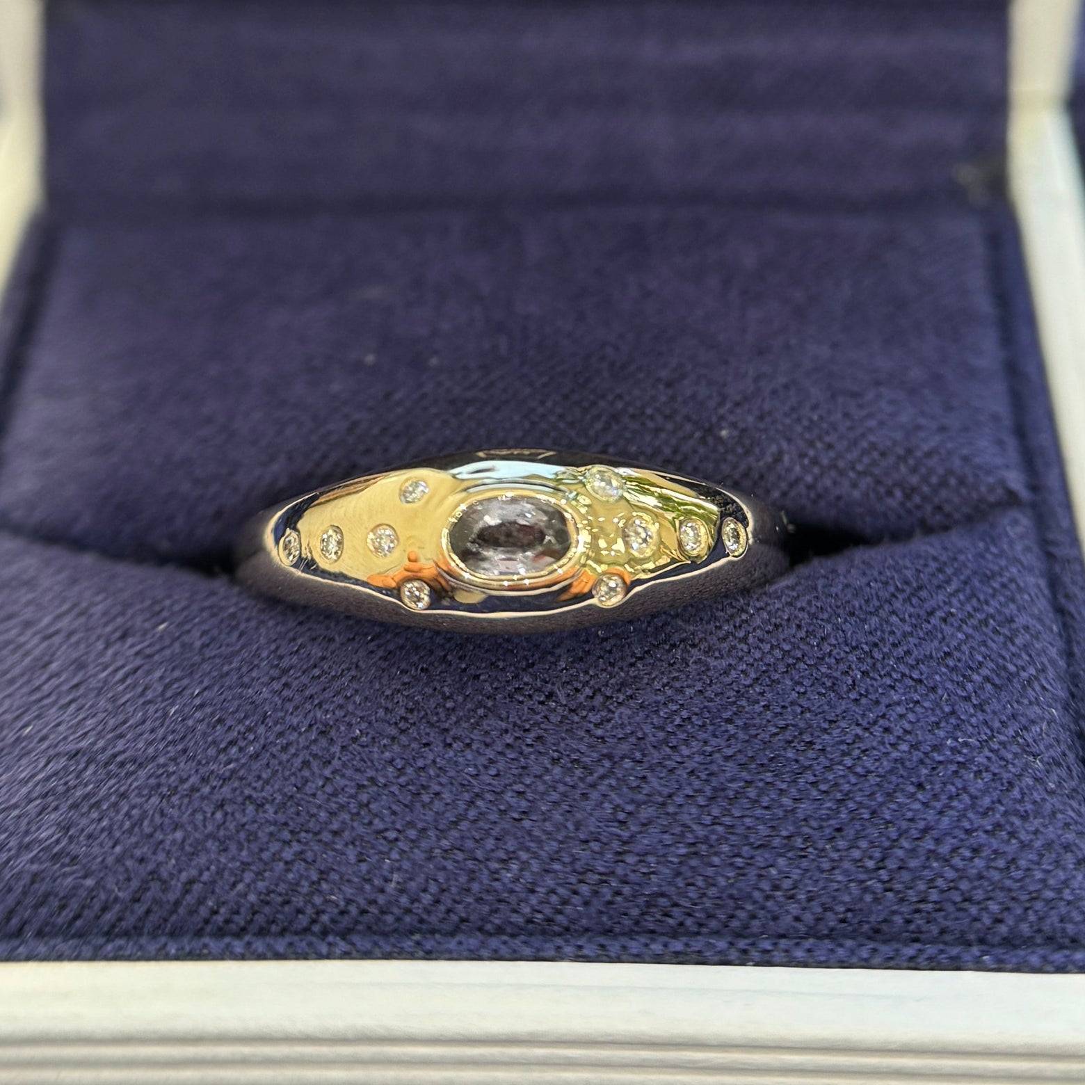 14k Yellow Gold with Customers Oval Garnet and Diamonds Re-set into Puffy Signet Custom Ring, 7.5 gram, size 8.75