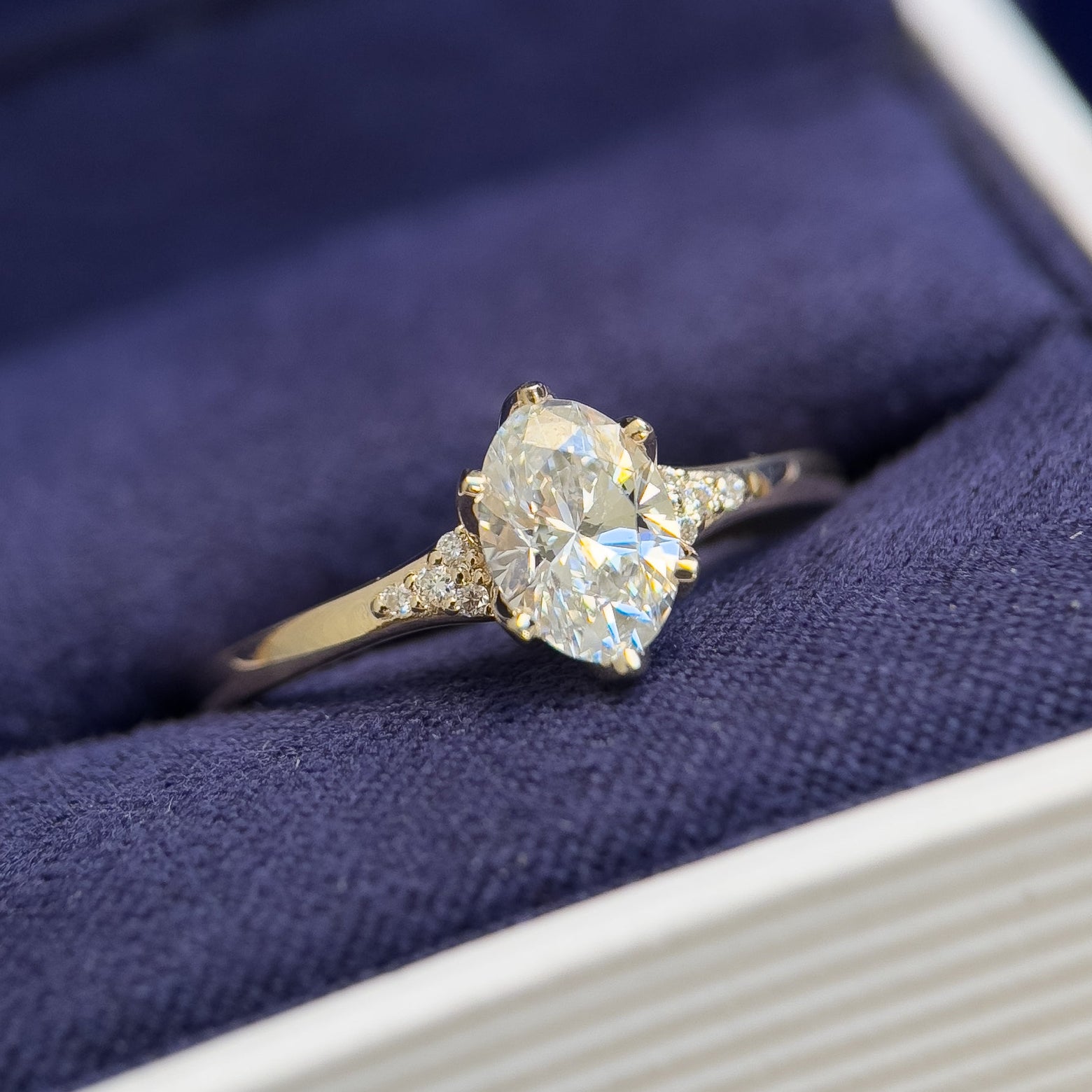 14k Yellow Gold Low-petal-set 1ct Oval Lab Diamond with cluster of tiny Lab Diamonds set in Tapered Band Custom Ring, size 8