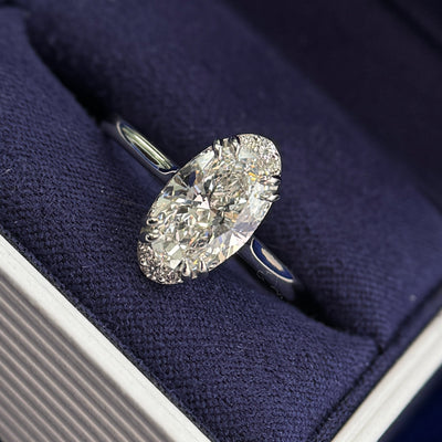 950 Platinum 4-double-claw-prongs E VVS Ex Ex 2ct Oval Lab Diamond with Half-halo on 1. 8mm Band Custom Ring, size 8