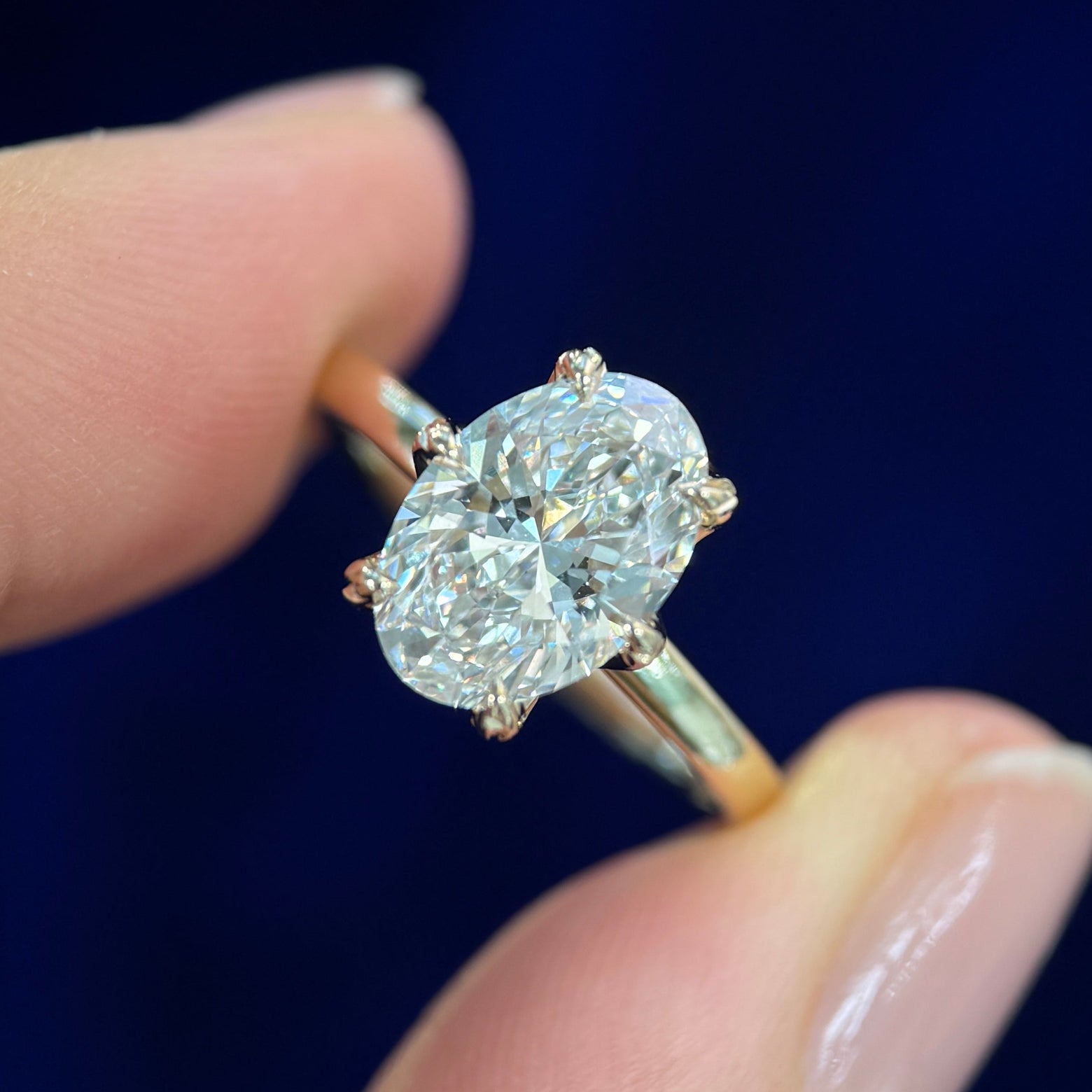 14k Yellow Gold and 2.25ct Oval Lab Diamond High-set with 6-Leaf Prongs on 2mm Mix Mirror Band Custom Ring, size 5.75