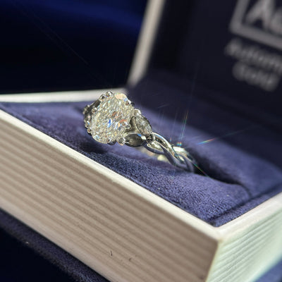 950 Platinum High-set 1.5ct Oval Lab Diamond with 4pcs Marquise Salt and Pepper Diamonds on 3mm Braided Band Halfway Around Custom Ring, Size 8.25