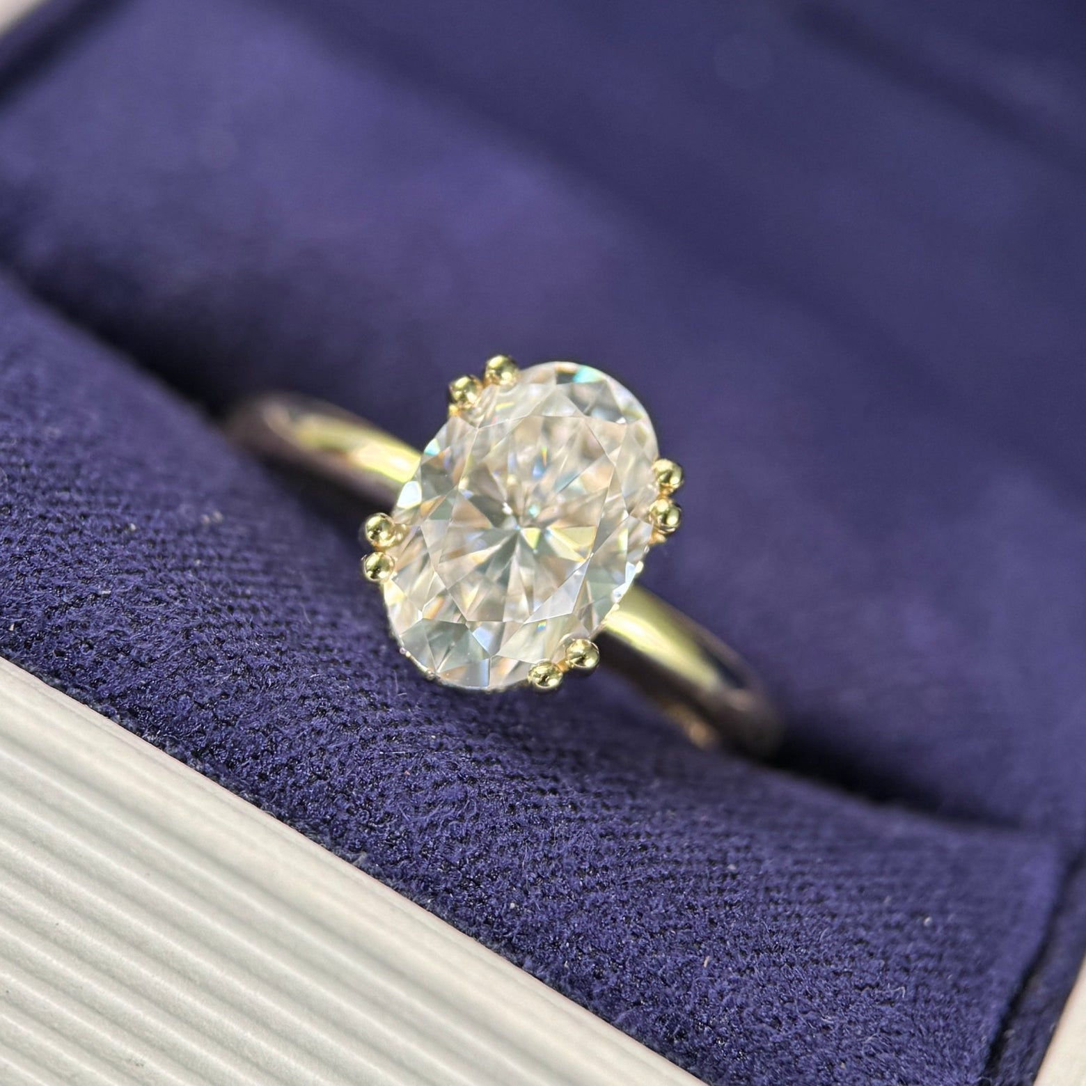 14k Yellow Gold Oval Moissanite with Small Lab Diamond, Pink and Light Blue Sapphires and Alexandrite on Halo Custom Ring, Size 5.5