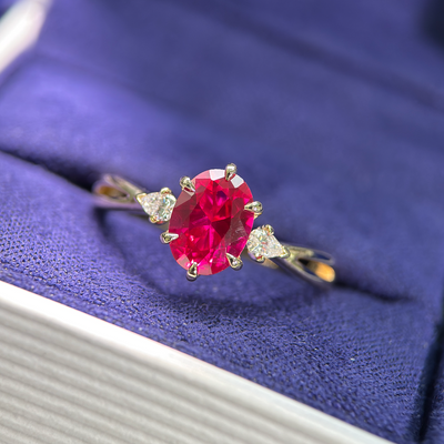 14k Yellow Gold and Low-petal-set 8x6mm Oval Lab Ruby with 3x2mm Pear Lab Diamonds Custom Ring, size 7