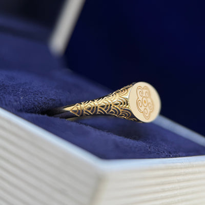 14k Yellow Gold 7mm width Oval-shape Signet with Engraving on top, inside and outside Custom Ring, size 6.75