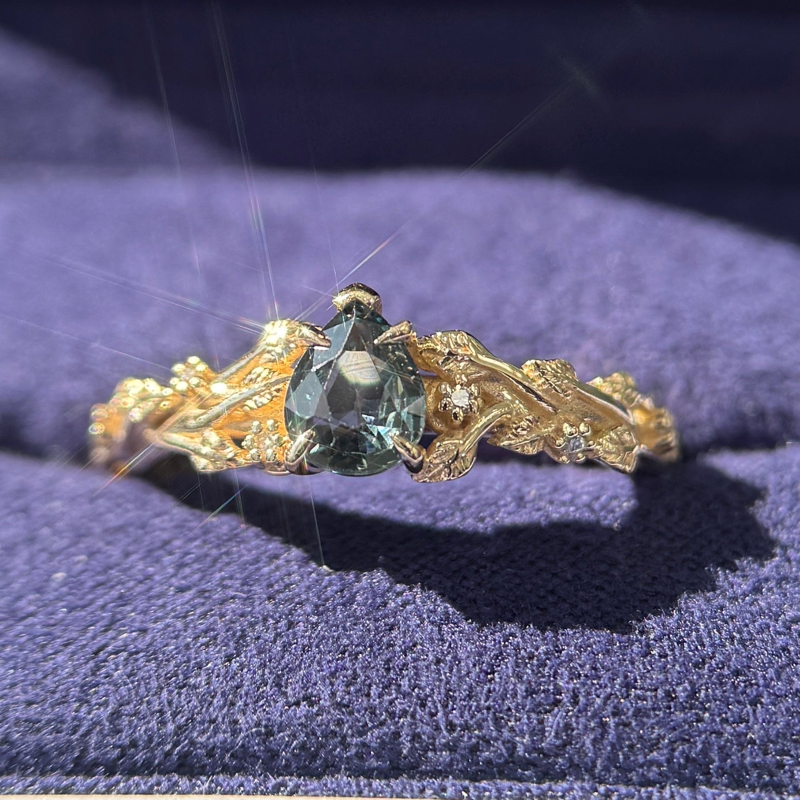 14k Yellow Gold Prongs-set 0.72ct 5x6.1mm Pear Green Blue Sapphire with 6pc 1.5mm Round Diamonds and Leaves Custom Ring, Size 7.5