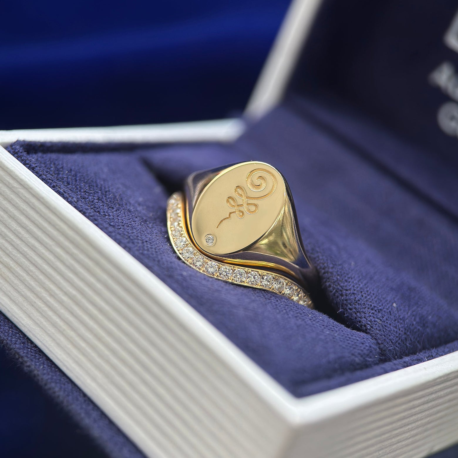 14k Yellow Gold and Diamond Oval Signet Engraved same asCustom Ring and 14k Yellow Gold and 1.5mm Pave Lab Diamonds three fourth around Custom Ring nesting around, size 7 and size 7.5