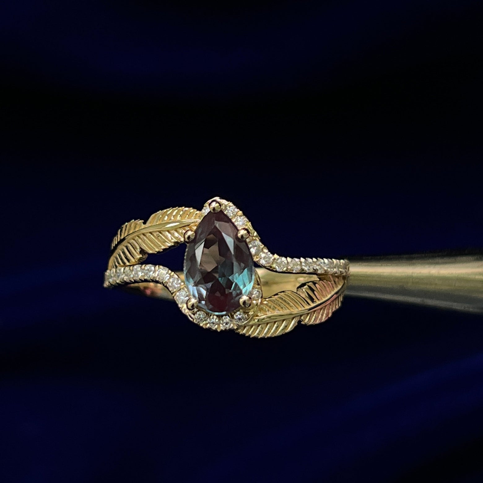 14k Yellow Gold and Pear Lab Alexandrite with Pave Small Moissanites Feather Band Custom Ring, size 9.25