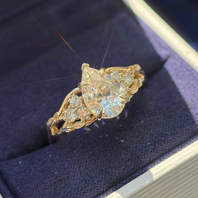 14k Yellow Gold Prongs-set Customers Pear Moissanite with 6pc Round Diamonds on Vines and Leaves Custom Band, Size 11