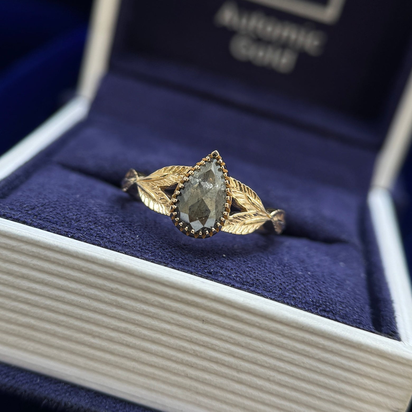 14k Yellow Gold Milgrain-bezel-set 1ct Pear Salt & Pepper Diamond on Split Leaves Band Custom Ring, Size 5.25