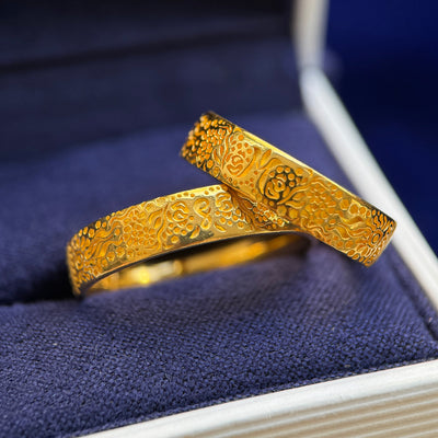 front of 24k Gold Persian Design Engraved with hidden M and S on 5mm Band Custom Couple Matching Bands Rings, size 7 and 10