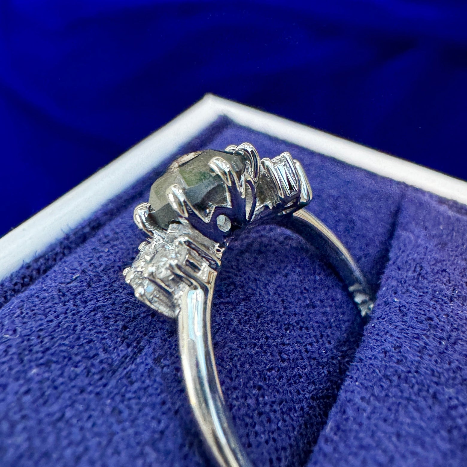 back view of 14k White Gold 8-prongs-set 1ct Round Salt-and-pepper Diamond with White Lab Diamonds Custom Asymmetrical Cluster Ring, size 5
