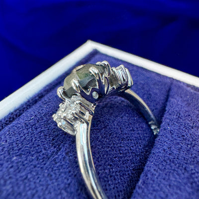 back view of 14k White Gold 8-prongs-set 1ct Round Salt-and-pepper Diamond with White Lab Diamonds Custom Asymmetrical Cluster Ring, size 5