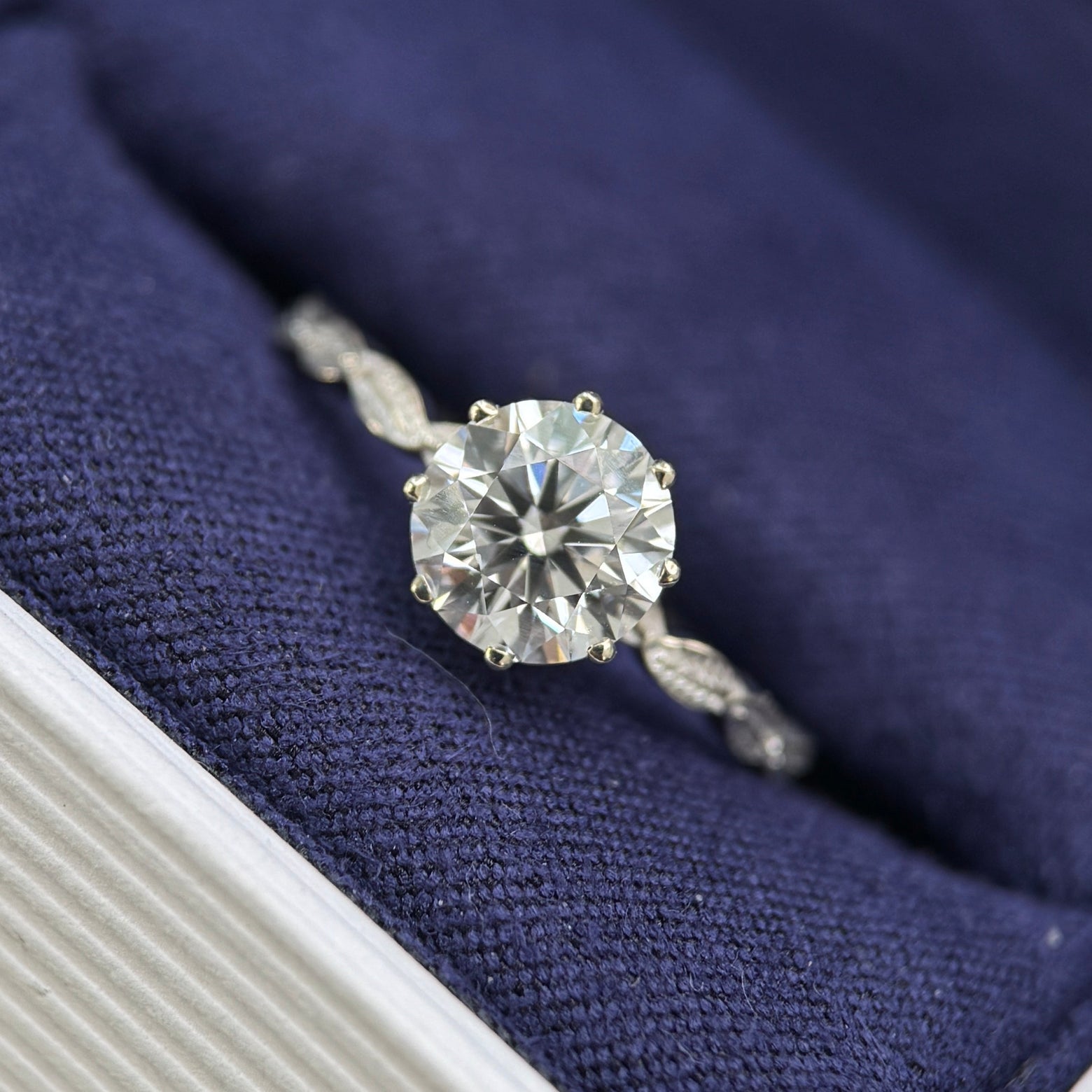 14k Champagne Gold and Low-petal-set 7mm Round Lab Diamond on half way around Leaves Band Custom Ring, size 7.5