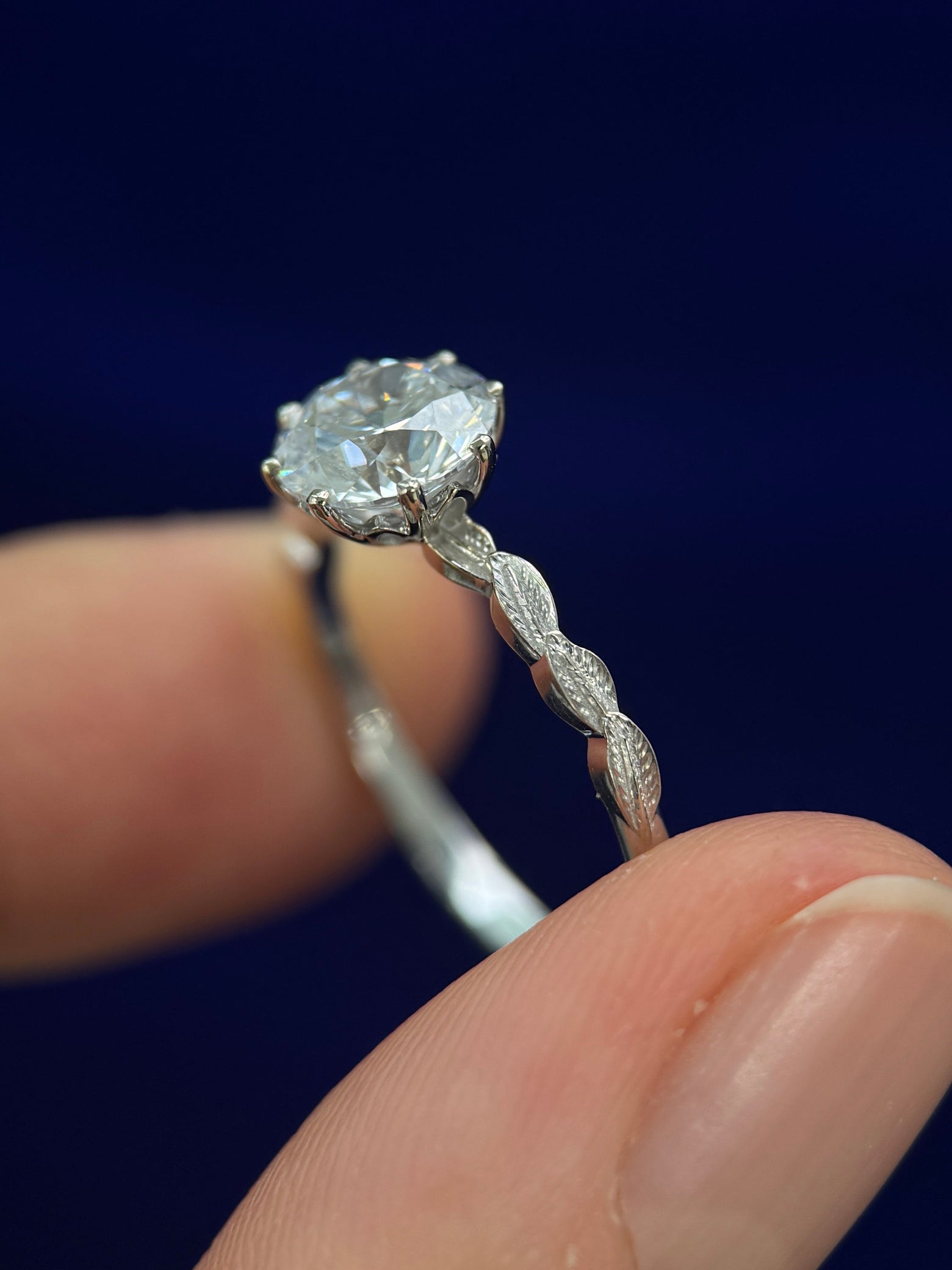 14k Champagne Gold and Low-petal-set 7mm Round Lab Diamond on half way around Leaves Band Custom Ring, size 7.5
