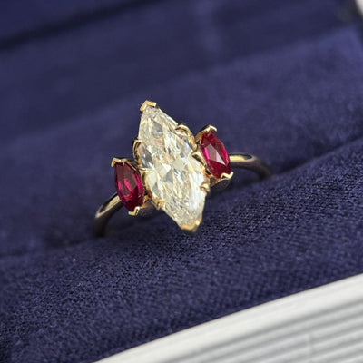 14k Yellow Gold with Petal-low-set 1.08ct 4.9x12mm J SI1 Marquise Natural Diamond with Round Rubies Custom Ring, size 4.25