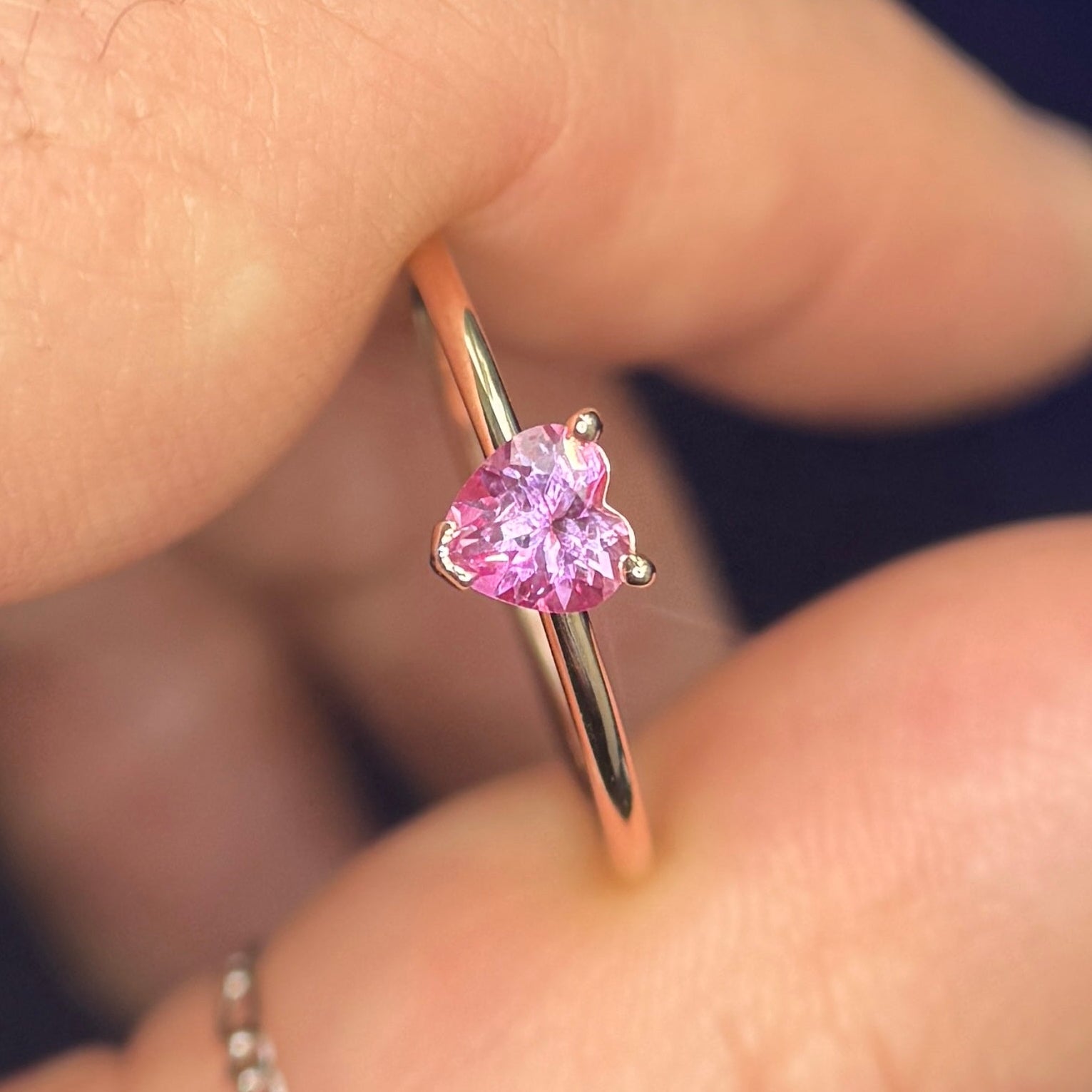 14k Rose Gold Prongs-set 4mm Pink Heart Lab Sapphire on Thin Band, Custom Ring Size 8