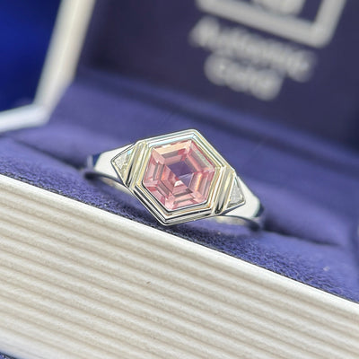 950 Platinum and 6.5mm Hexagon Pink Beige Lab Sapphire with Triangle Lab Diamonds on Tapered Band Custom Ring, Size 5.25
